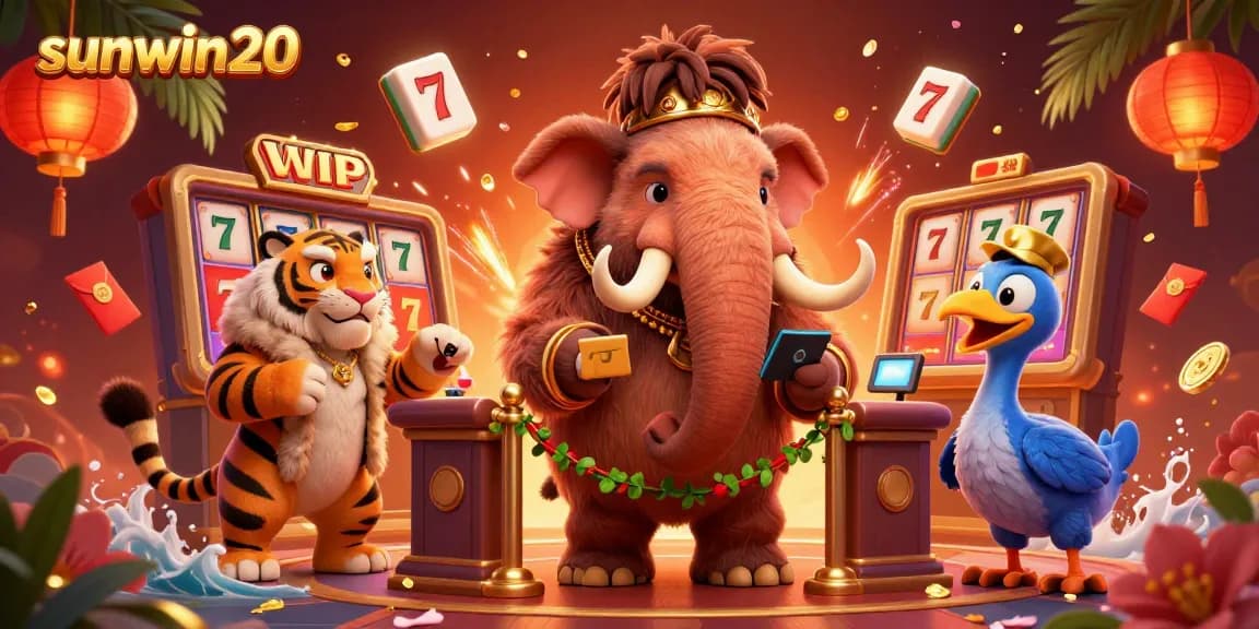 Engage with thrilling slots and jackpots at sunwin20's vibrant casino scene featuring dynamic characters and elements.