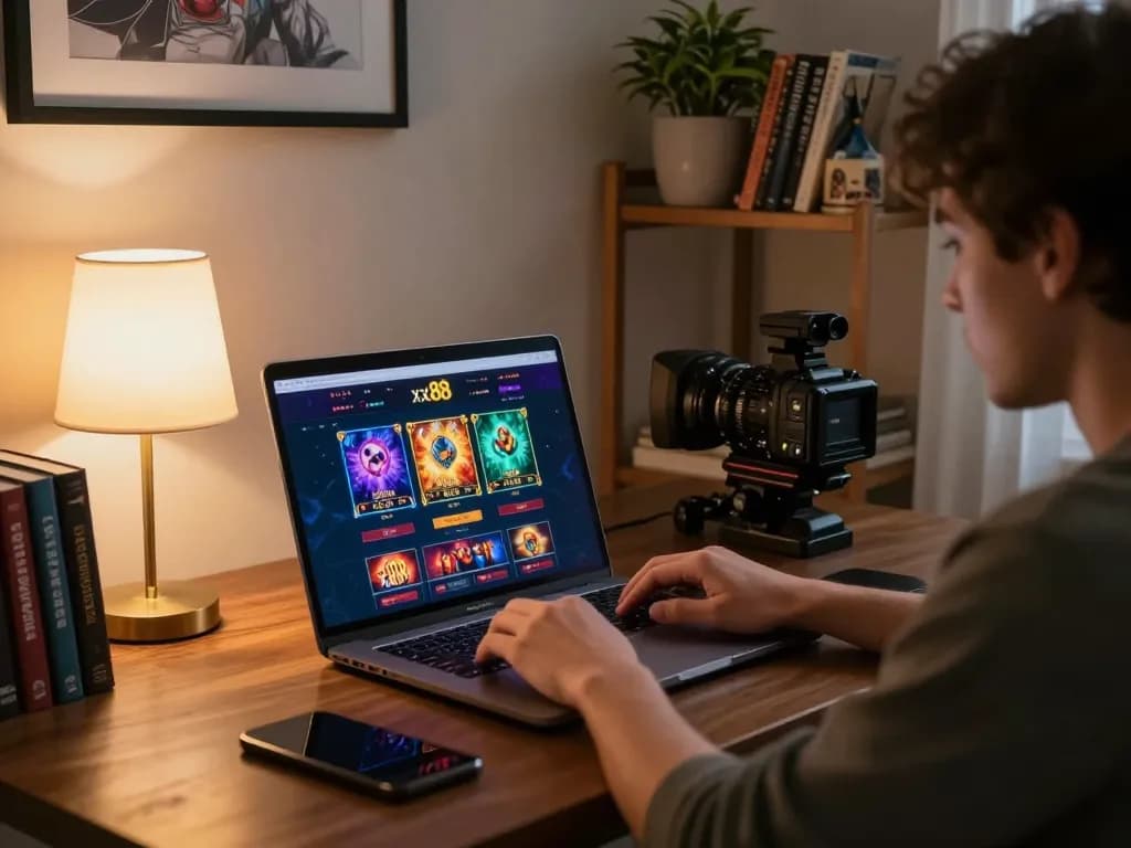 Engaged player exploring xx88 online casino interface on laptop in a cozy home environment.