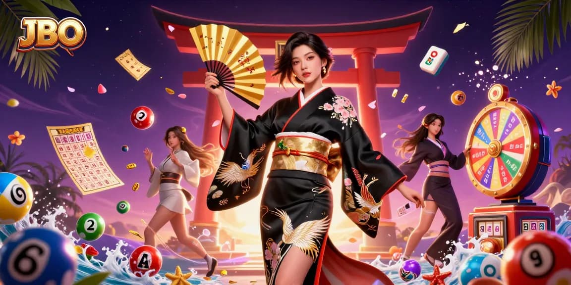 Play with JBO at an exciting online casino featuring vibrant lottery elements and a stunning Asian-themed setting.