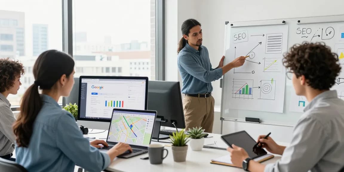 Servicios SEO locales ayudando a un equipo digital en estrategias de marketing en oficina moderna.