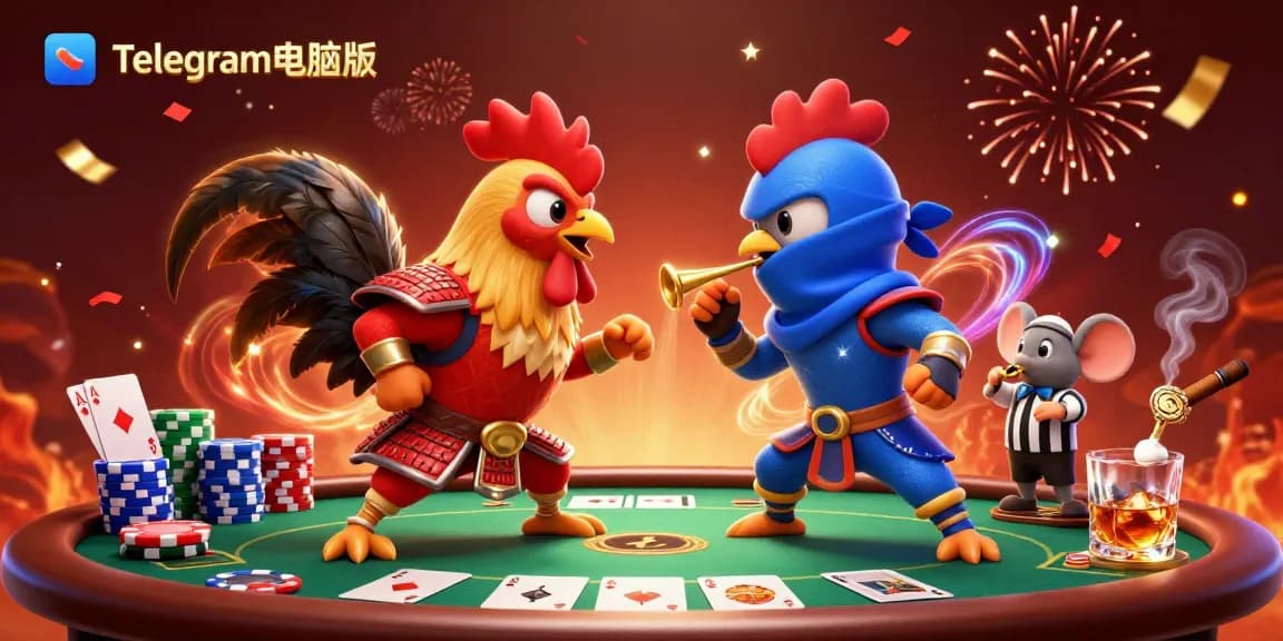 在激烈的扑克对决中与Telegram电脑版互动，卡通公鸡在战斗中。