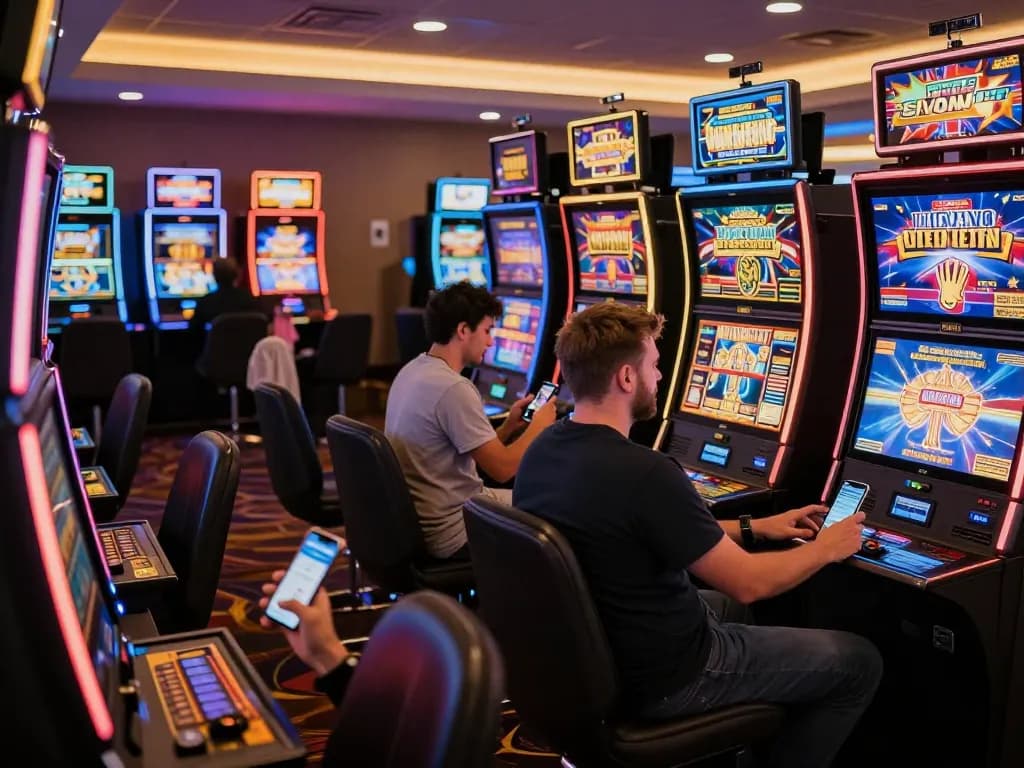 Players engaging in thrilling online gaming experiences with qq8827's vibrant slot machines and mobile devices