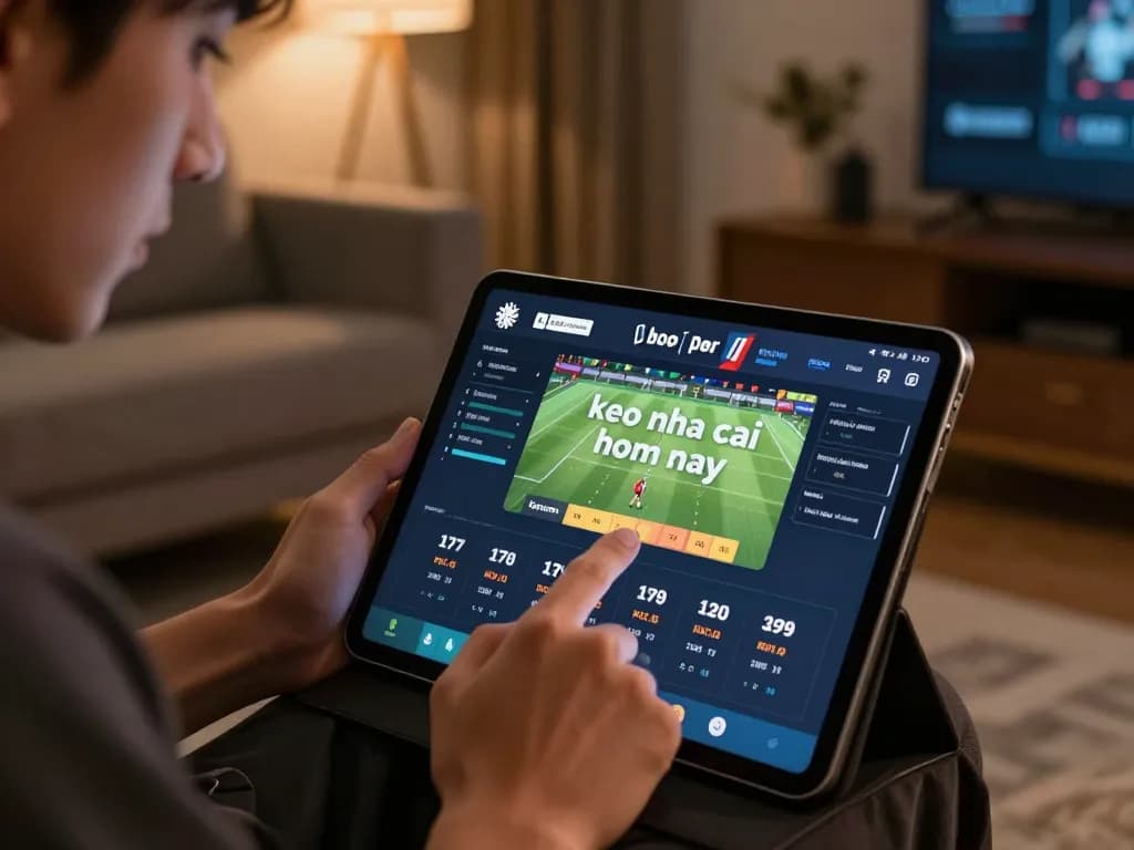 A player reviewing keo nha cai hom nay odds on a tablet in a cozy home setting.