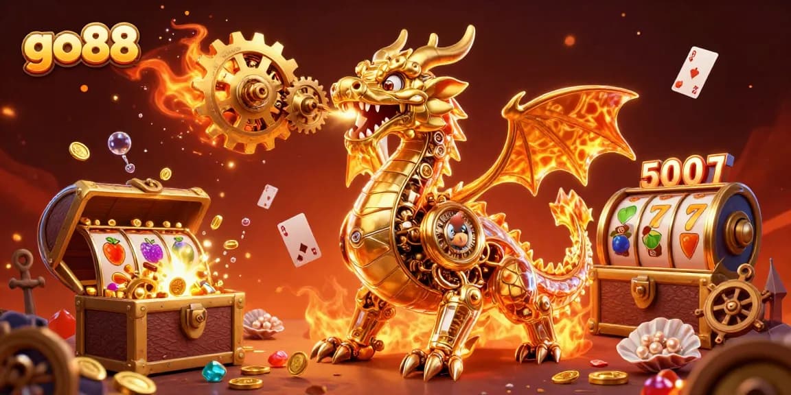 Experience the thrill of go88 with a golden dragon and dynamic casino elements in a vibrant 3D scene.