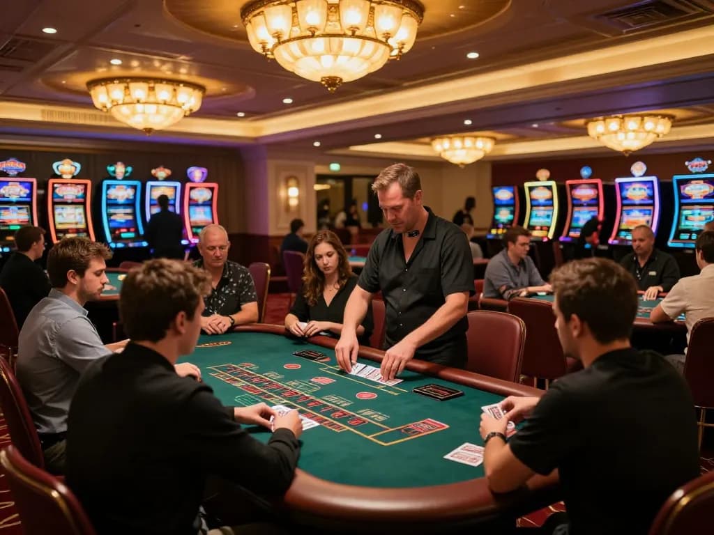 MM88 players placing bets at a bustling blackjack table, showcasing casino excitement