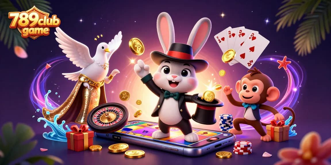 Experience thrilling moments with 789club game as the magician rabbit conjures coins amidst vibrant casino elements.
