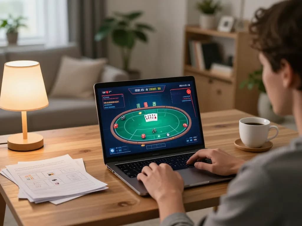 Online gambling experience at home, featuring llwin poker interface and cozy atmosphere