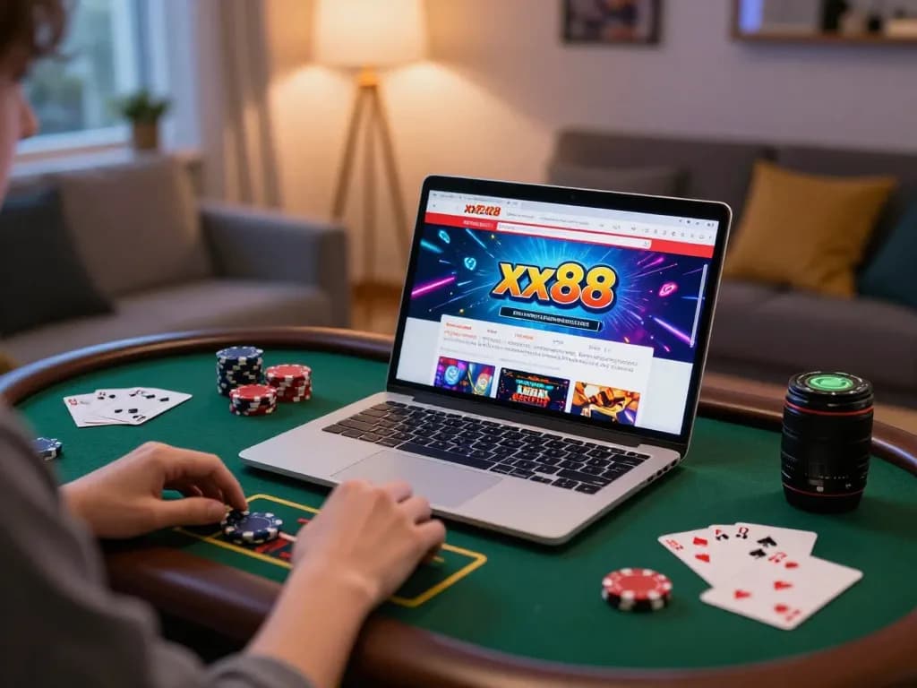 Engaging online casino gaming experience at xx88 site, showing vibrant laptop setup and colorful gaming elements.