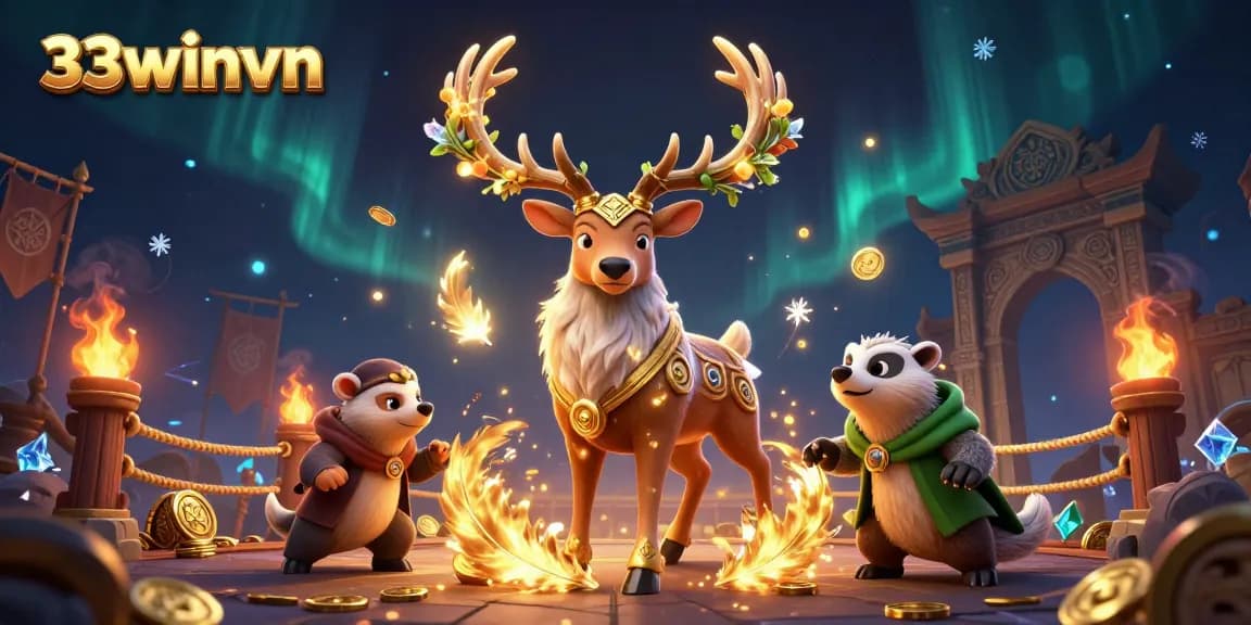 Experience the thrill of 33winvn's vibrant casino space with dynamic 3D characters and game elements.
