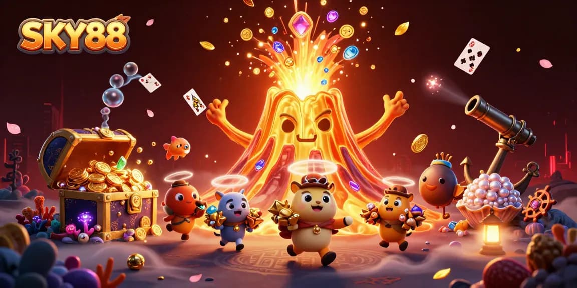 Experience thrilling wins at SKY88 with golden treasures from the volcano in the vibrant online casino.
