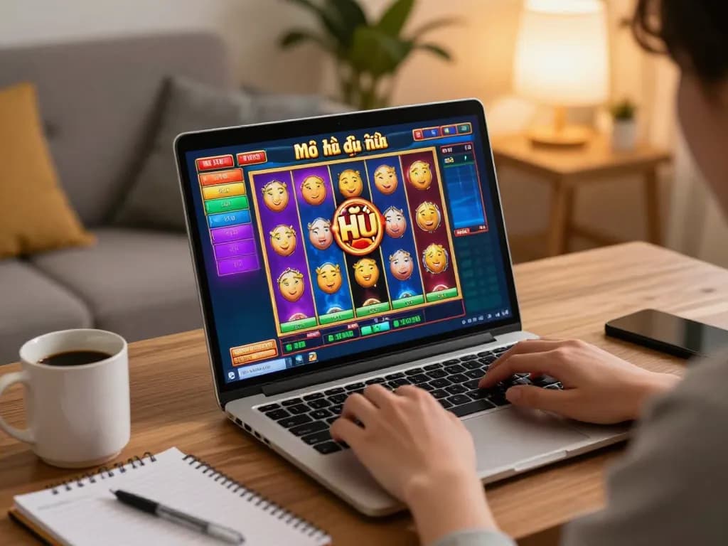 Nổ hũ đổi thưởng gameplay on a laptop, a cozy home setup with warm lighting and personal touches.