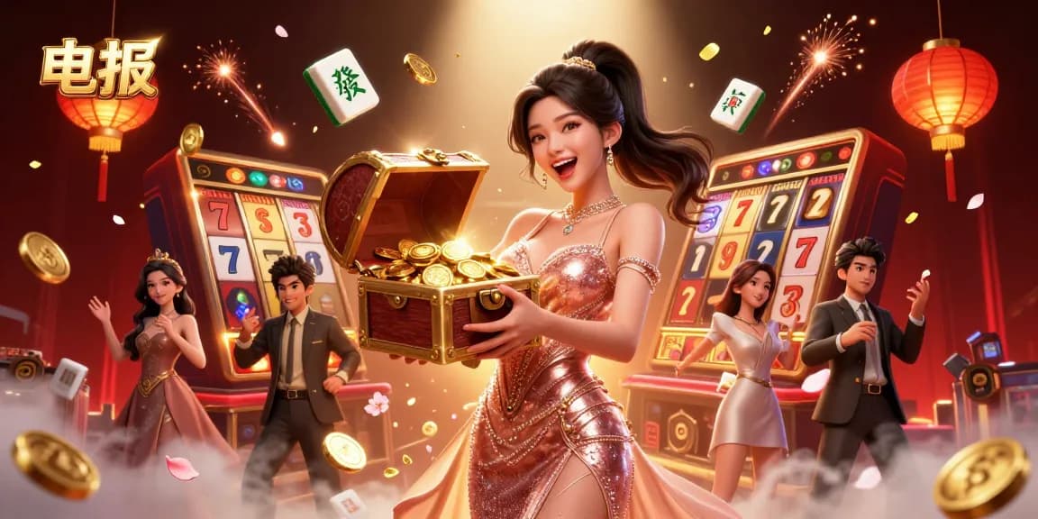 参与刺激的电报赌场内容，展示一位快乐的女性揭示赌资宝藏箱。