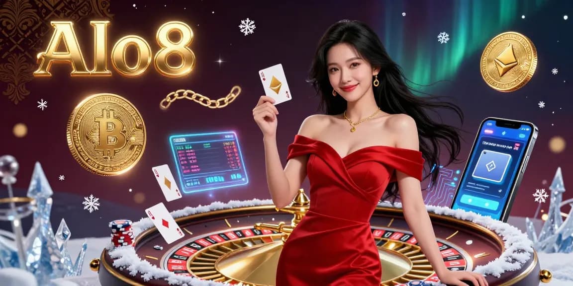 Alo8 showcases a beautiful Asian woman beside a golden roulette wheel, exuding elegance in a vibrant casino scene.