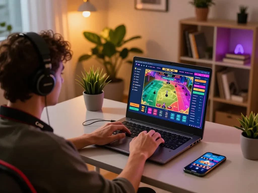 Player engaging with online casino games at home setup, mv66 offering interactive gaming experience.