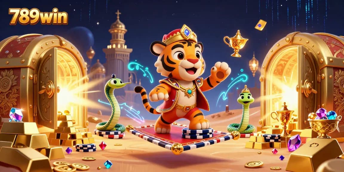 Engage with 789win through dynamic casino-themed illustration featuring a tiger sultan and treasures.
