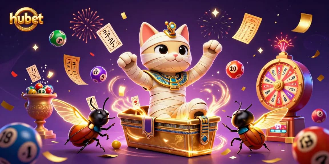 Experience thrilling gaming action at hubet with a mummy cat and scarab beetle in a vibrant casino