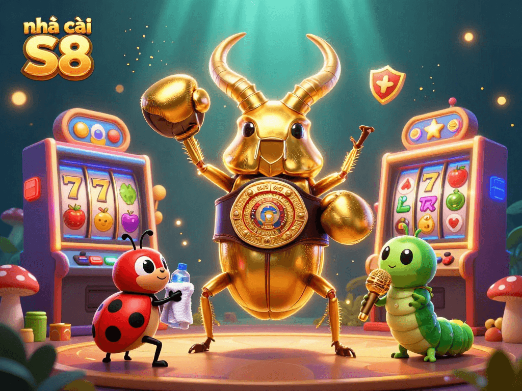 Experience excitement with nhà cái S8 as the golden stag beetle battles on a vibrant stage filled with slot game elements.