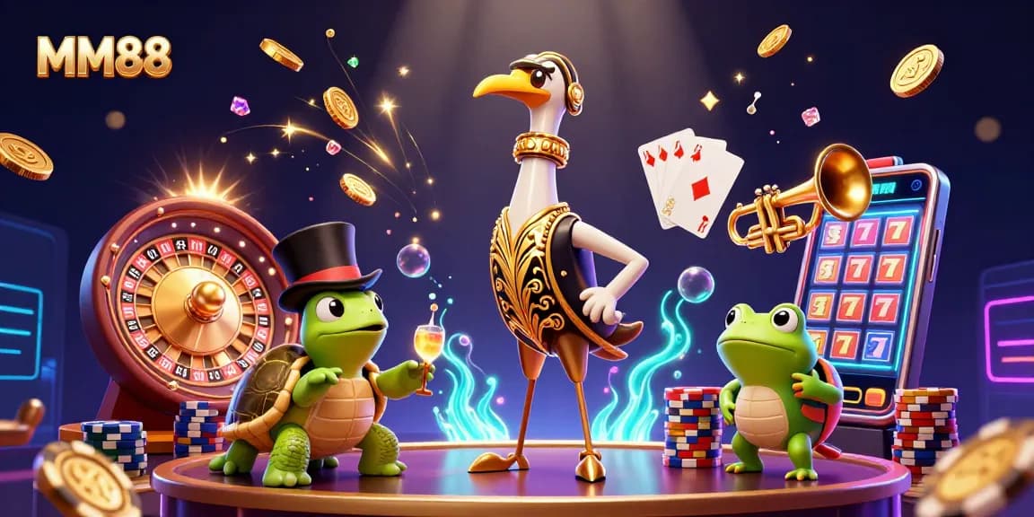Experience the excitement of MM88 with a lively casino scene featuring dynamic characters and vibrant game elements.