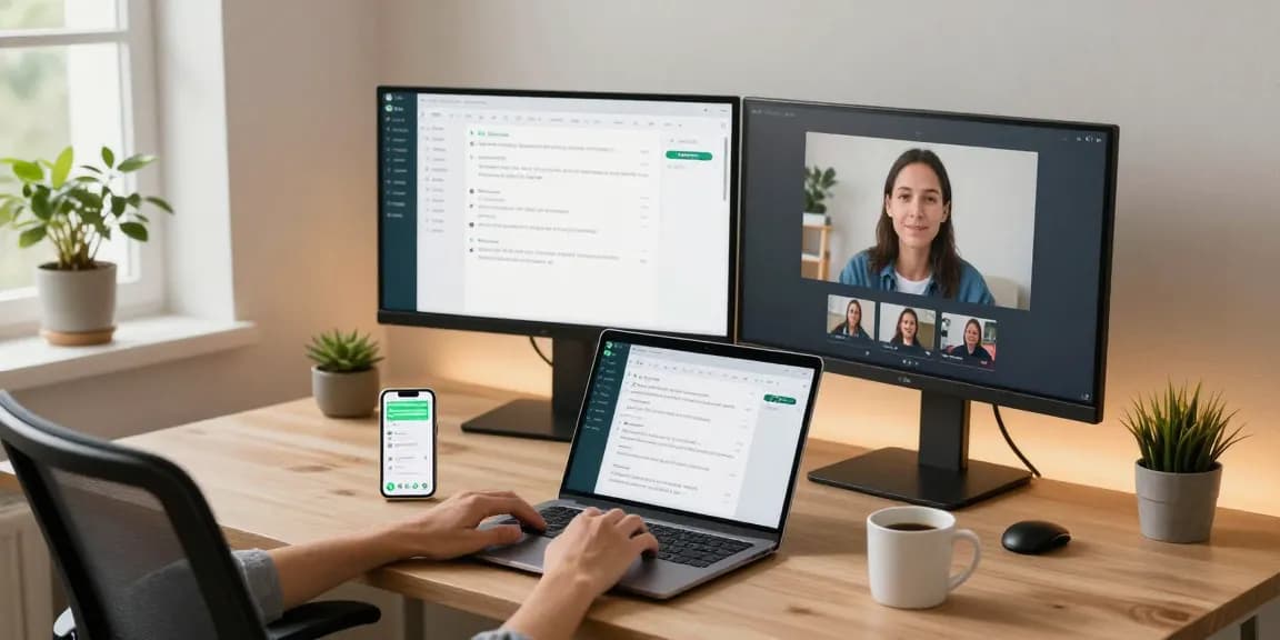 User interacting with WhatsApp電腦版 on a laptop in a modern office
