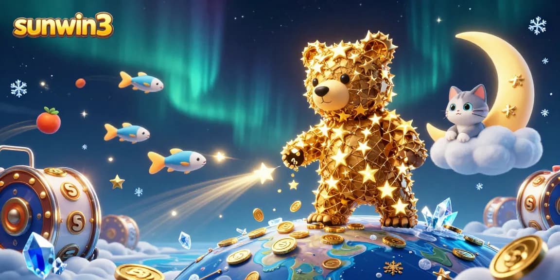 Experience the excitement at sunwin3 with a dynamic 3D rendering of a constellation bear collecting coins amid casino-themed elements.