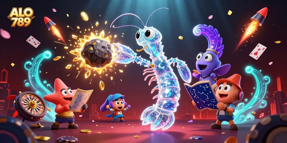 Experience thrilling action at ALO 789 with a dynamic 3D illustration of a mantis shrimp warrior in a vibrant casino scene.