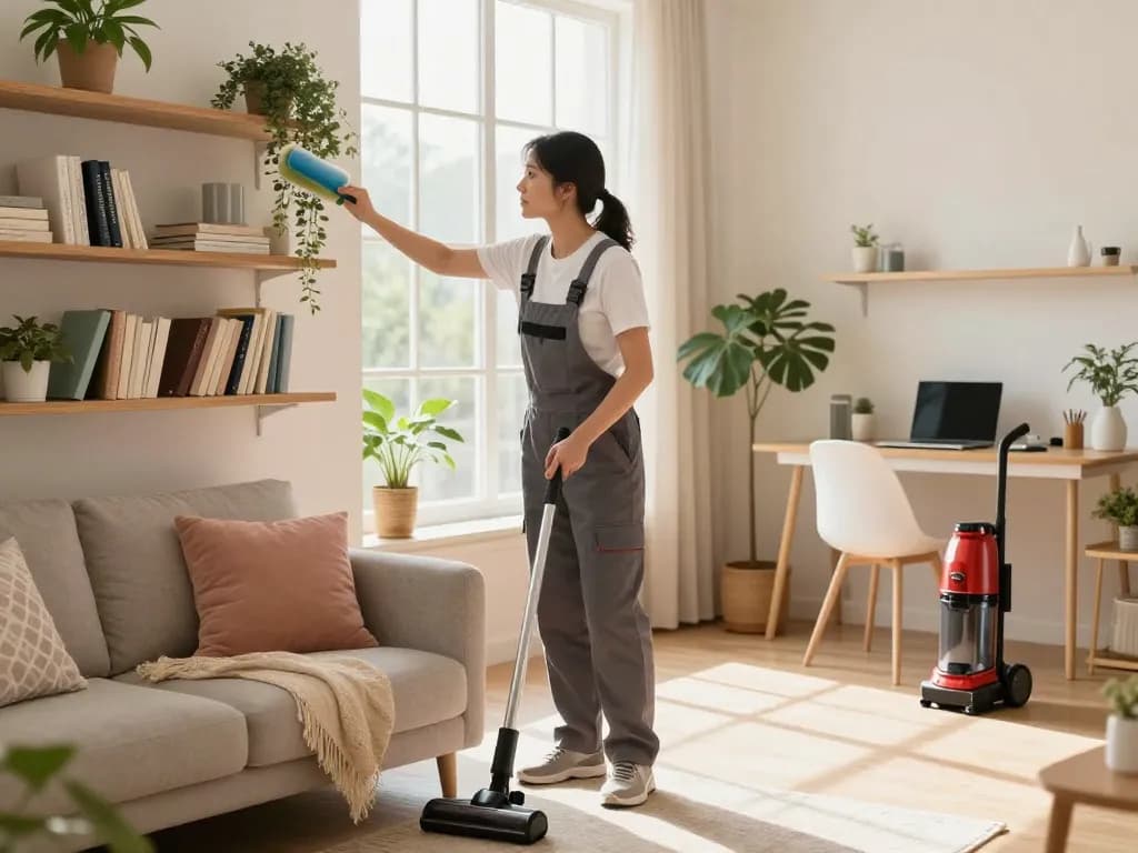 Profesionales del hogar limpiando una sala moderna con suministros ecológicos.
