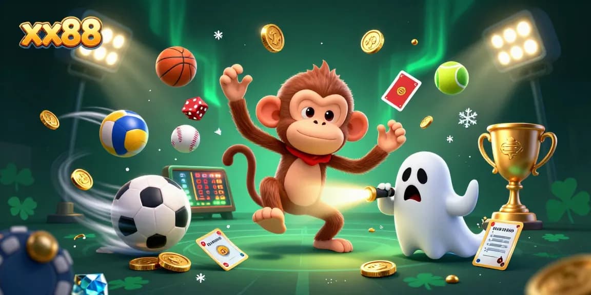 xx88 showcases an exciting scene with a mischievous ghost monkey and a curious puppy in a casino.