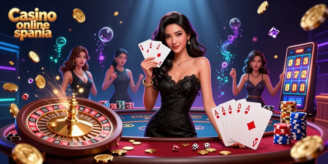 Cascade of excitement at Casino online spania with a graceful woman holding ace cards amidst dazzling casino elements.