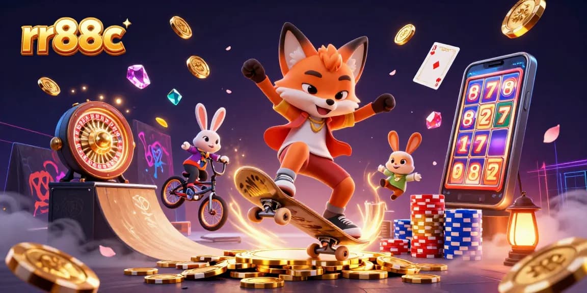 Engage in thrilling gaming excitement with rr88c as a 3D fox skateboards over golden poker chips.