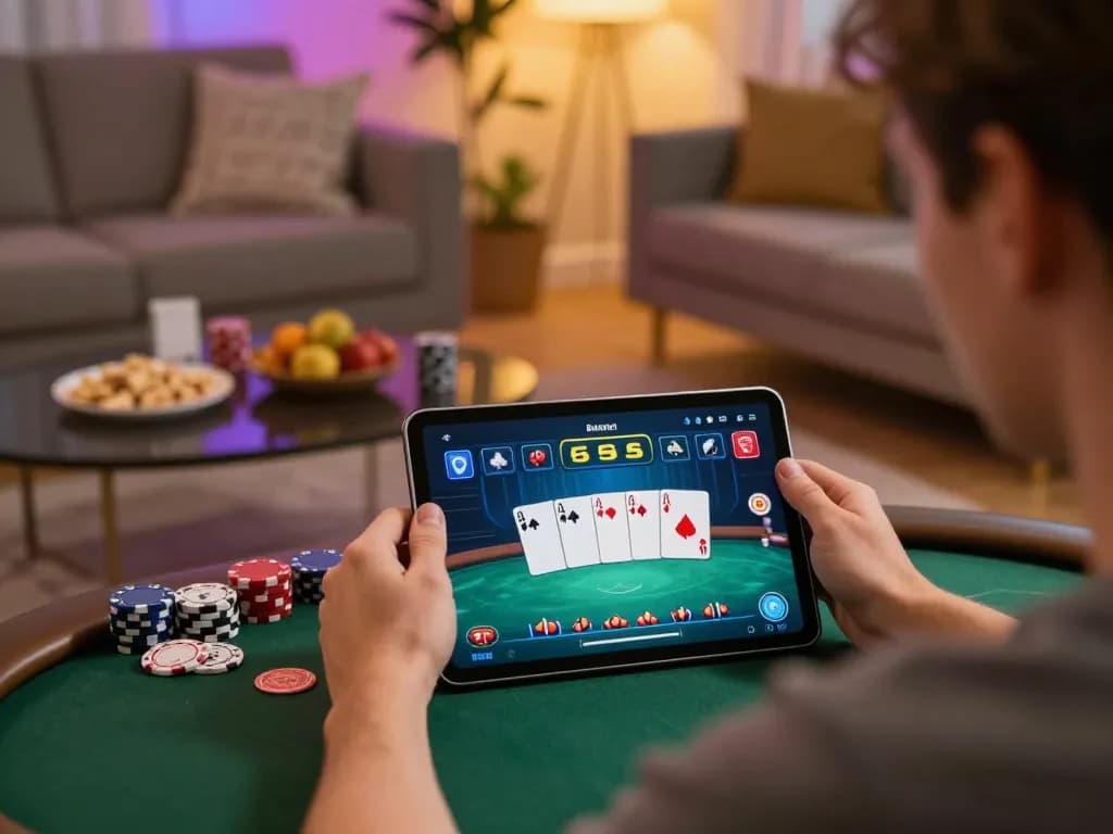 Experience the excitement of gg88live while playing poker on a tablet in a cozy home setting.