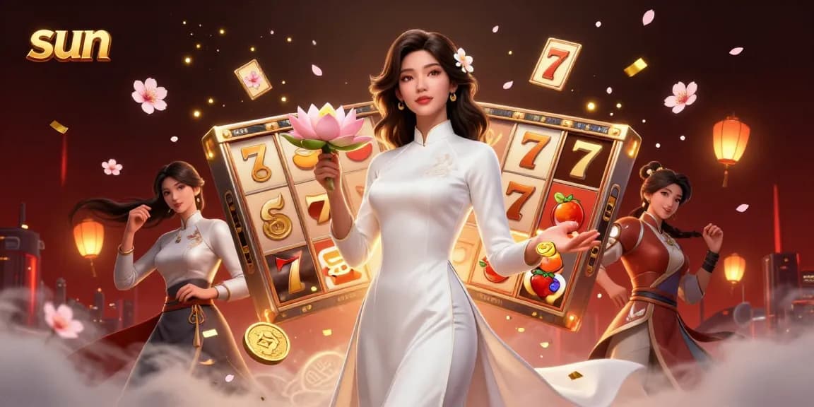 Sun shines on a vibrant casino scene with an elegant woman and exciting slot game elements.