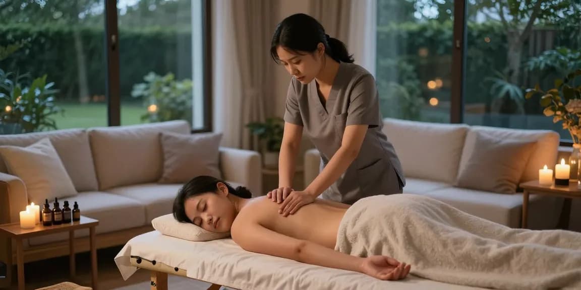 Relaxing 출장마사지 scene with professional therapist and soothing ambiance.