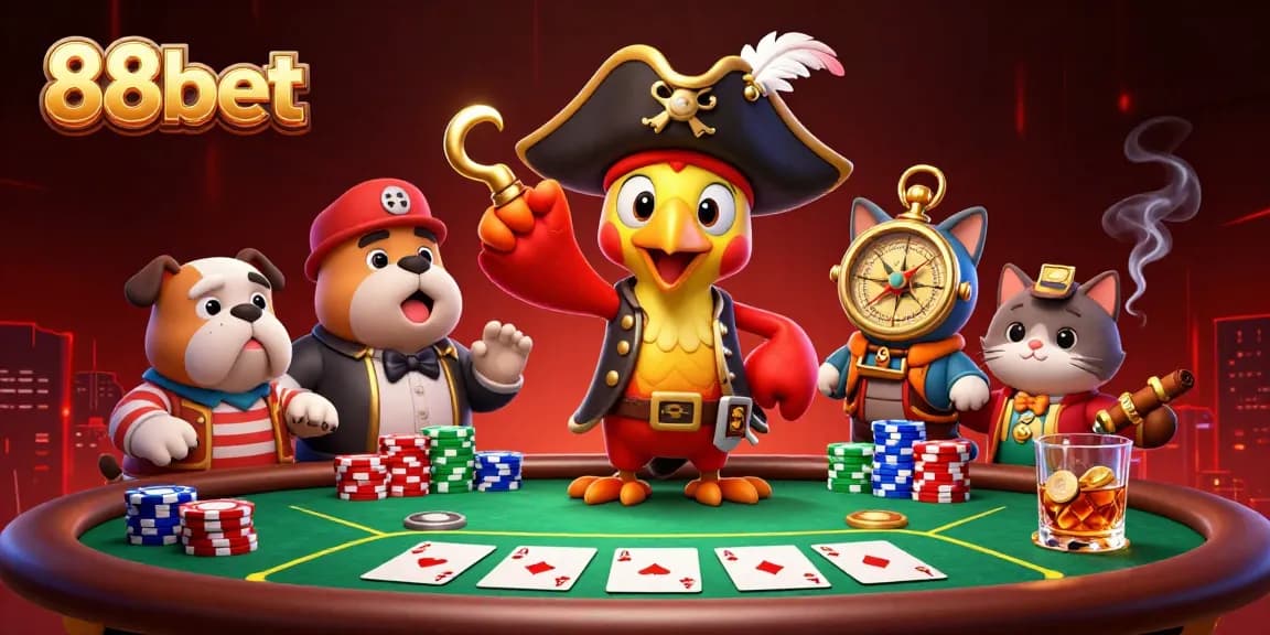Bet big with 88bet in a lively casino scene featuring a pirate captain and poker action.