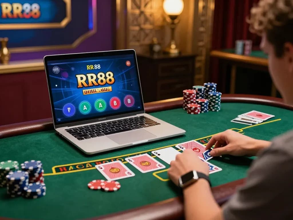 RR88 player strategizing in an exciting live blackjack game on a laptop, reflecting online casino energy.