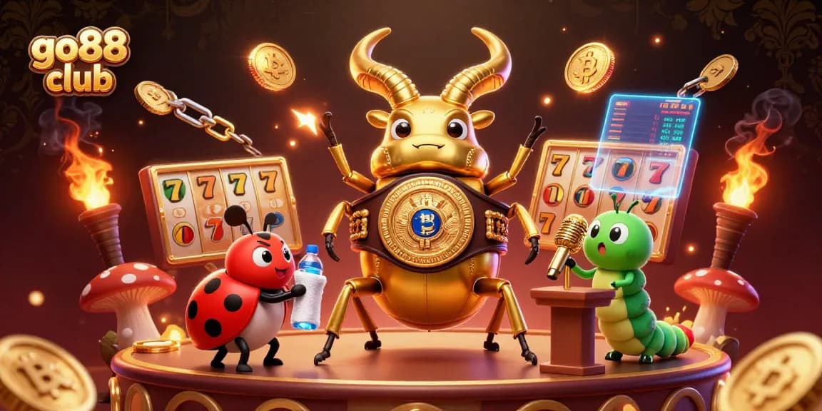 Experience the thrill of winnings at the go88 club with stunning visuals of a golden stag beetle boxing champion.