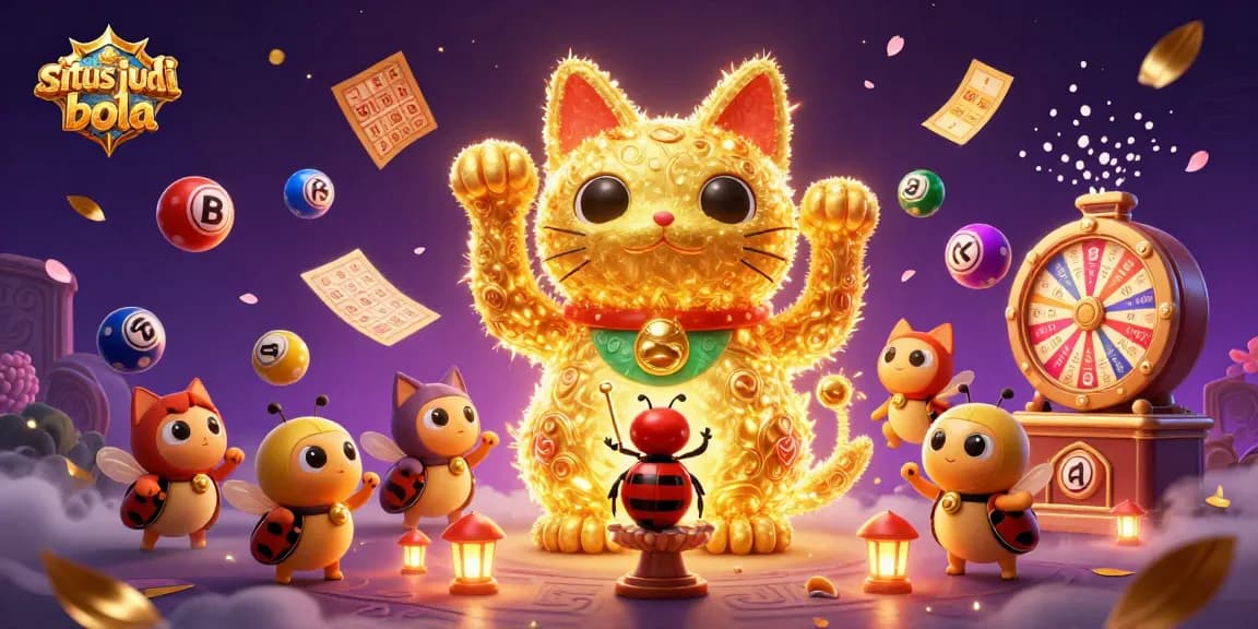 Visualisasi menarik situs judi bola dengan kucing keberuntungan dan elemen kasino dinamis.