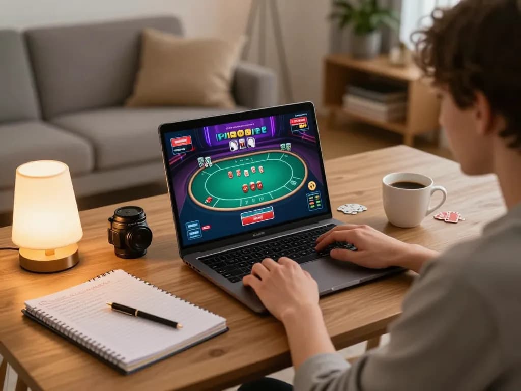 Player strategizing in an online poker game at home using 78WIN platform, cozy setting with personal touches.