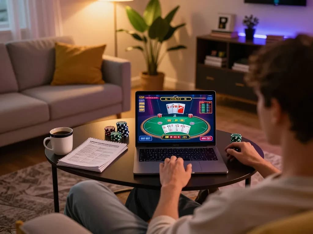 Engaged player enjoying an online poker game at home through o8 platform, showcasing interactive gaming.
