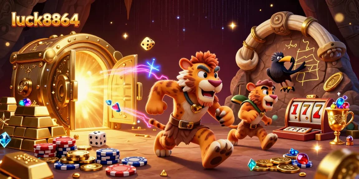 Experience the thrill of luck8864 with cavemen and tigers in an ancient casino scene.