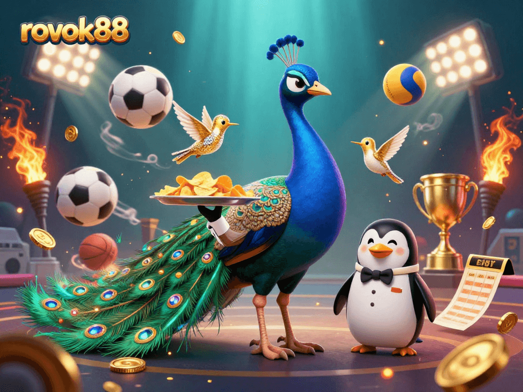 Experience the thrill of winning with rokok88 in a vibrant casino scene featuring a peacock and sports elements.