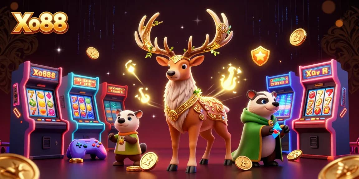 Xo88 immersive gaming scene featuring Celtic druid stag and wise badger, combined with slot machine elements.