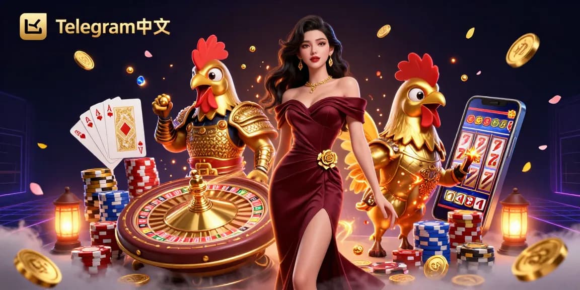通过Telegram中文赢取丰厚奖金，展示一位华丽女性和一位金色公鸡战士在激动人心的赌场场景中。