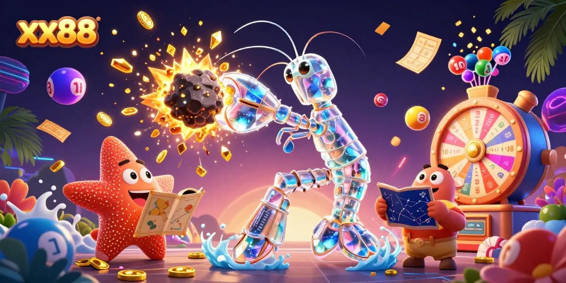 Engage in thrilling gameplay at xx88, a dynamic illustration showcasing casino excitement with vibrant lottery balls and golden prizes.