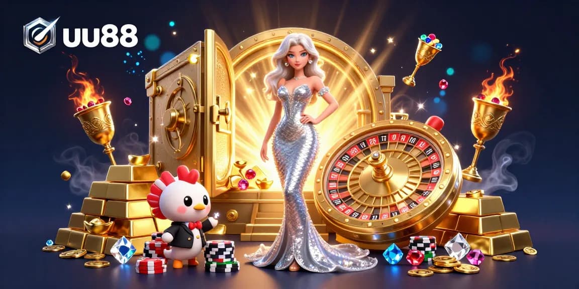 Experience exciting gaming moments at uu88 with an elegant mermaid beside a golden roulette wheel.