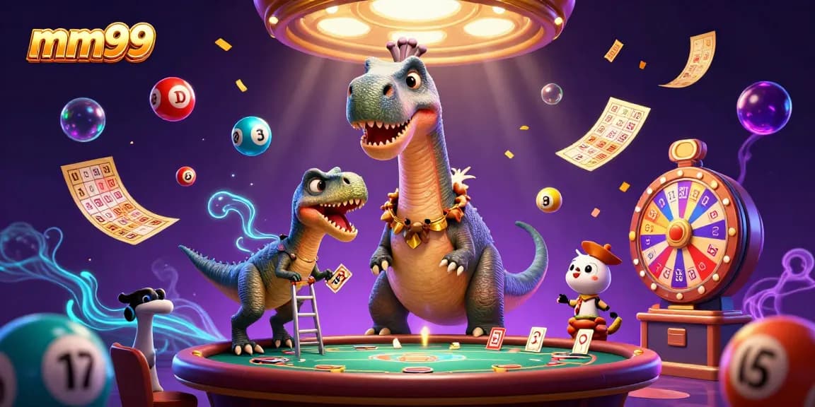 Engage with mm99 as a whimsical brontosaurus oversees a vibrant casino scene filled with colorful lottery elements.