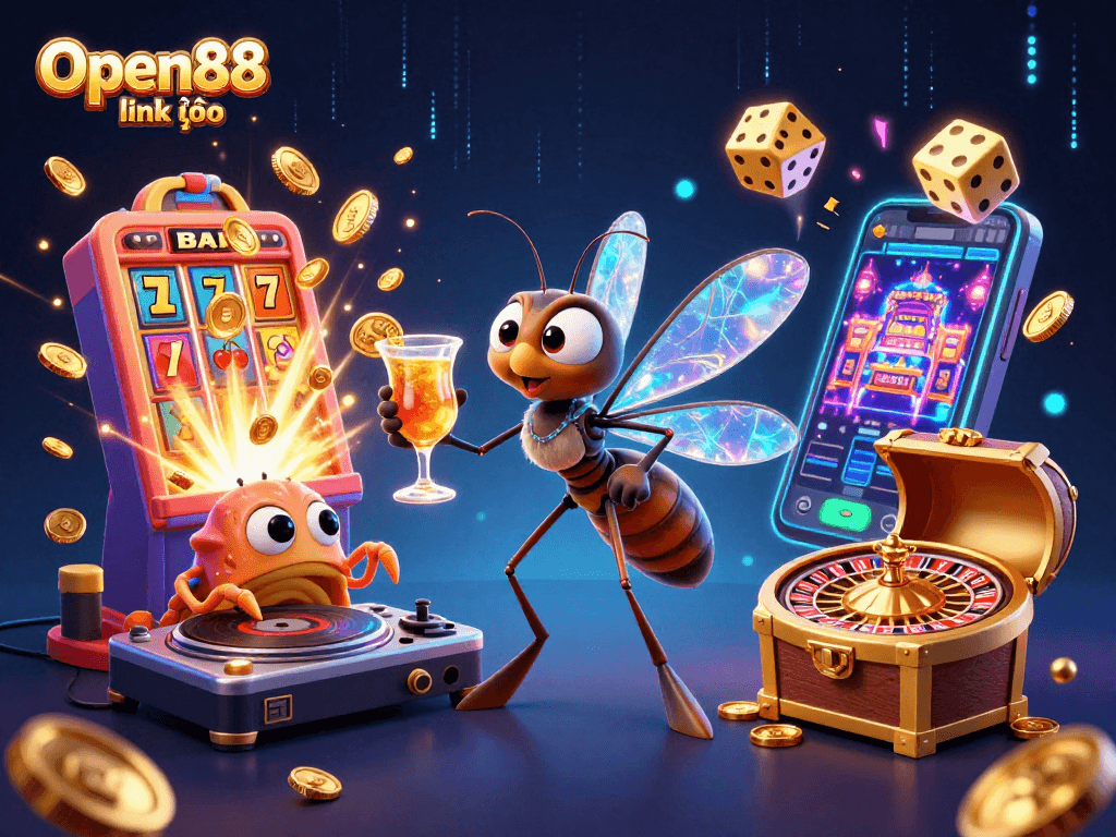 Engage with the vibrant world of Open88 link vào featuring a lively casino atmosphere with characters and dynamic game elements.