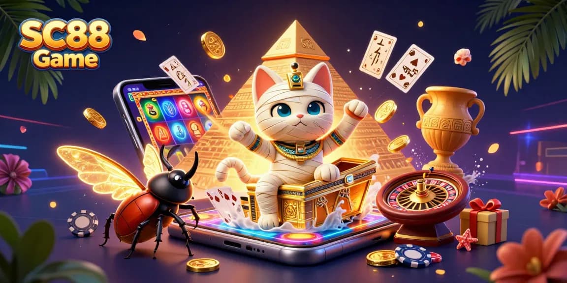 Experience SC88 Game with thrilling casino adventures featuring a mummy cat, scarab, and vibrant slot elements.