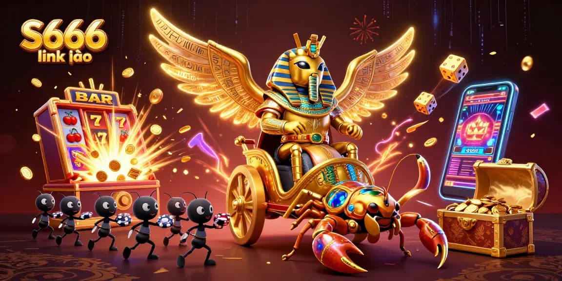 S666 link vào offers thrilling gameplay with vibrant casino elements like jackpots, cards, and excited characters in a dynamic scene.