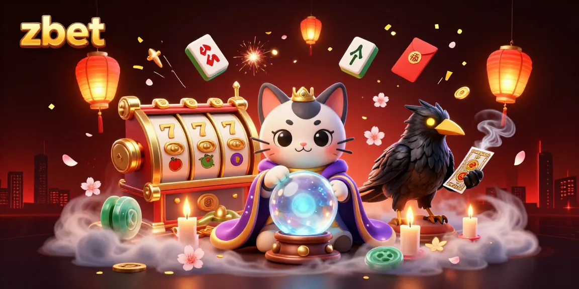 Engage with zbet in this vibrant casino-themed illustration featuring mystic characters and lively game elements.