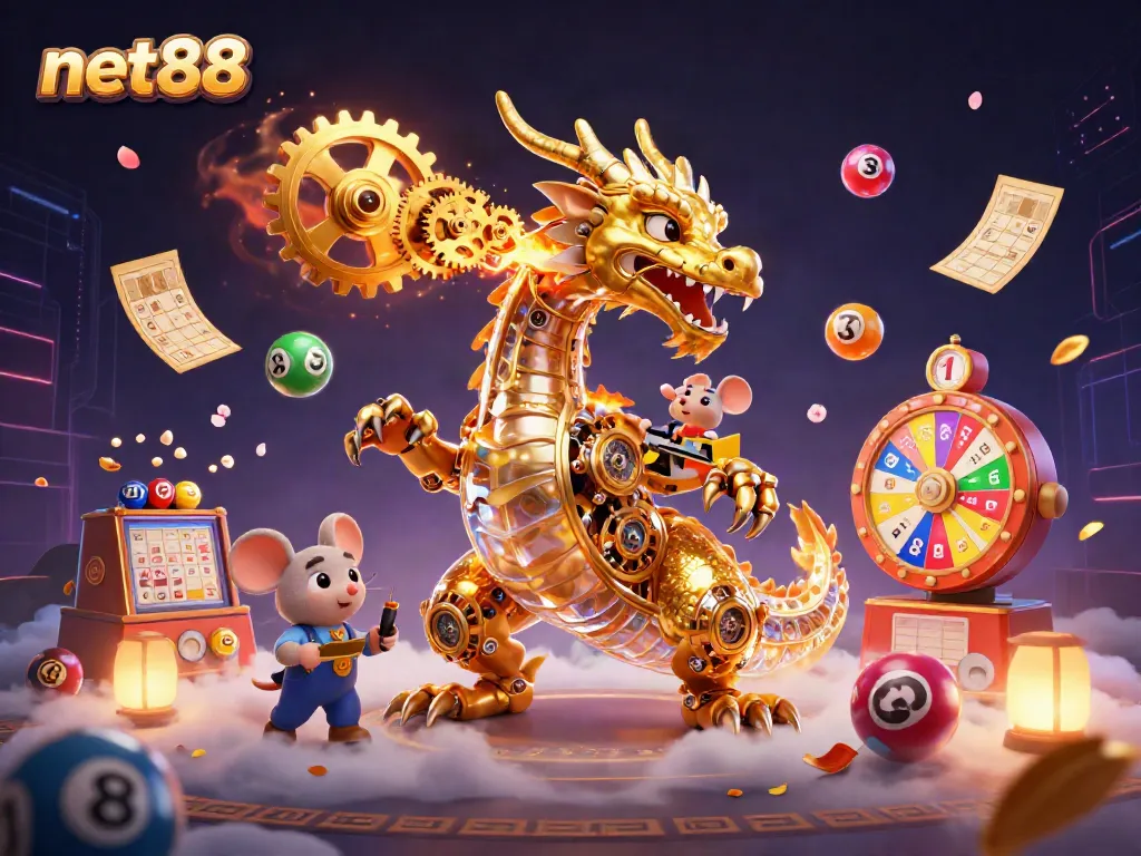 Experience thrilling gameplay with net88 through a vibrant 3D casino illustration showcasing dynamic lottery elements.
